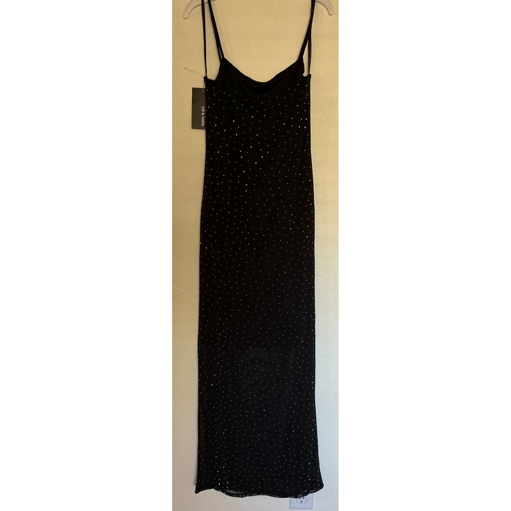 NWT LIZ & SARA Large Black Maxi Slip Dress Rhinestone Embellished Spag. Strap - Picture 3 of 8